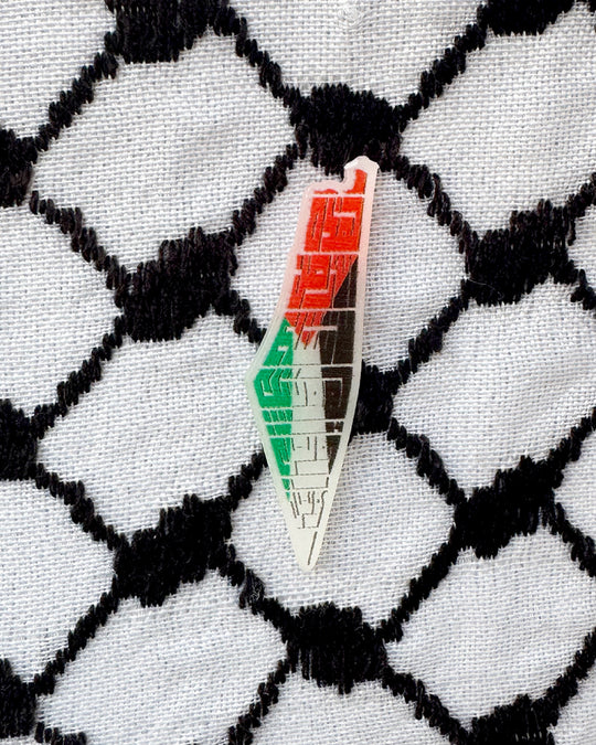 Vibrant Unity: Acrylic Palestine Map Badge with Flag Colors