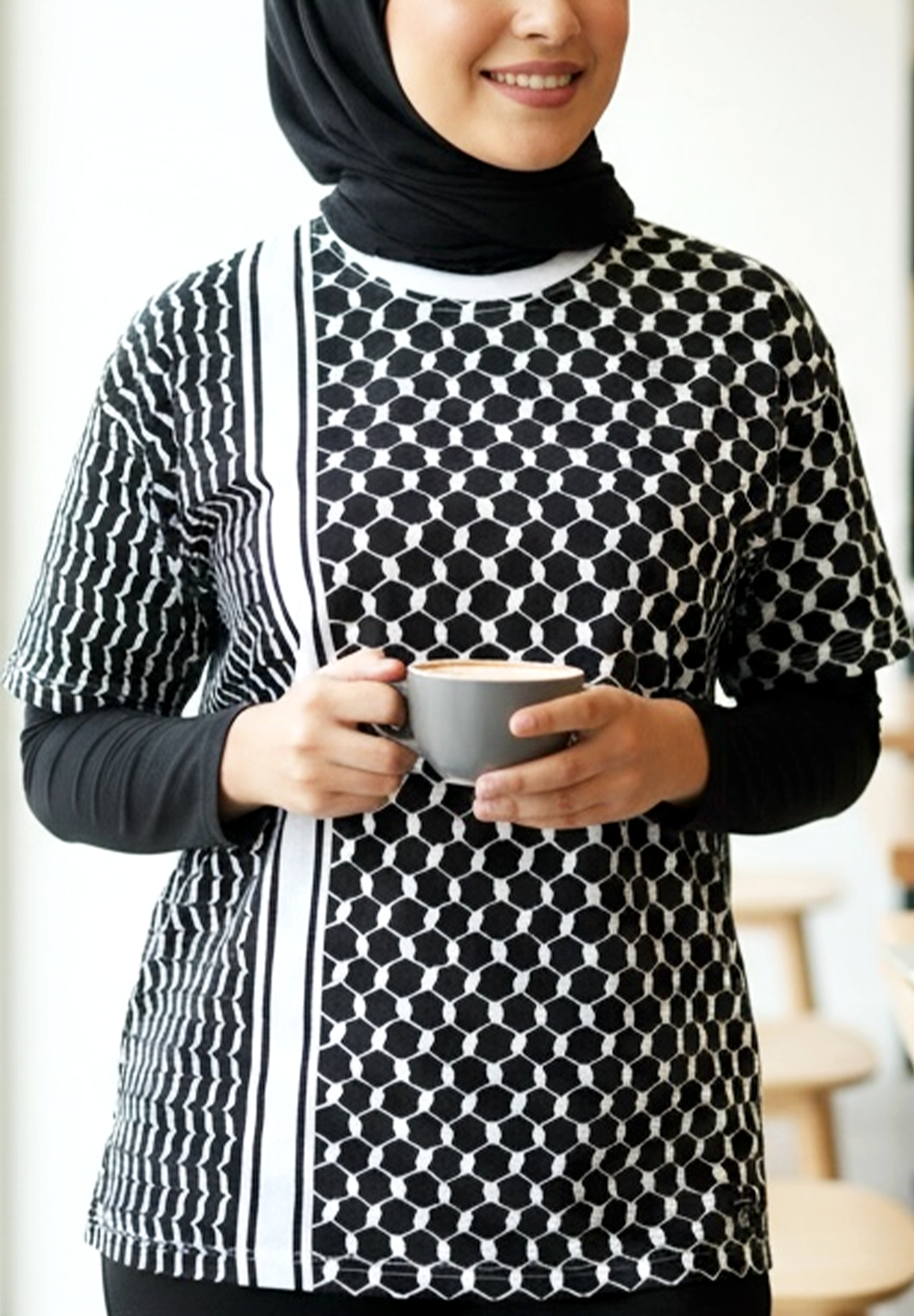 Women Palestine Keffiyeh Black & White T-Shirt