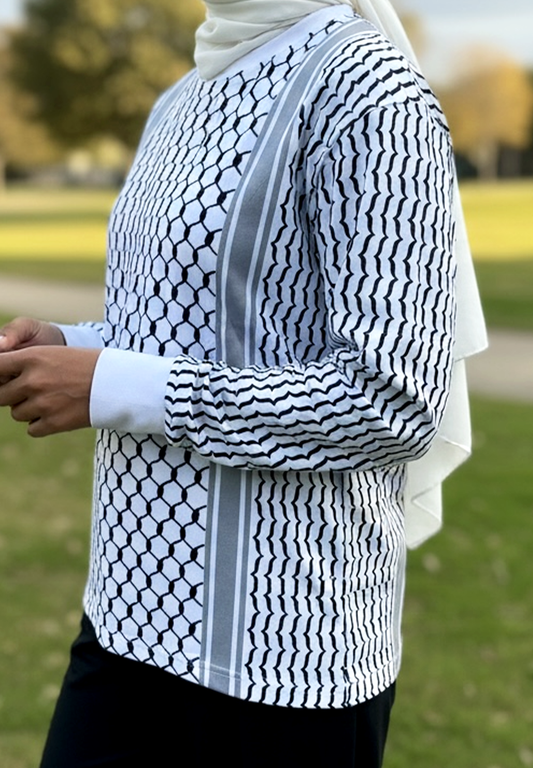Women Black & White Palestine Keffiyeh Long Sleeve T-Shirt