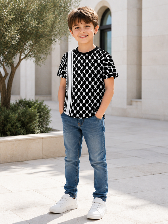 Keffiyeh Pattern Black & White T-Shirt for Kids' Fashion