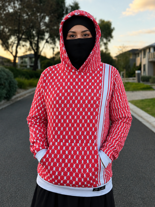 Women Red & White Keffiyeh Hoodie | Winter Exclusive Australia