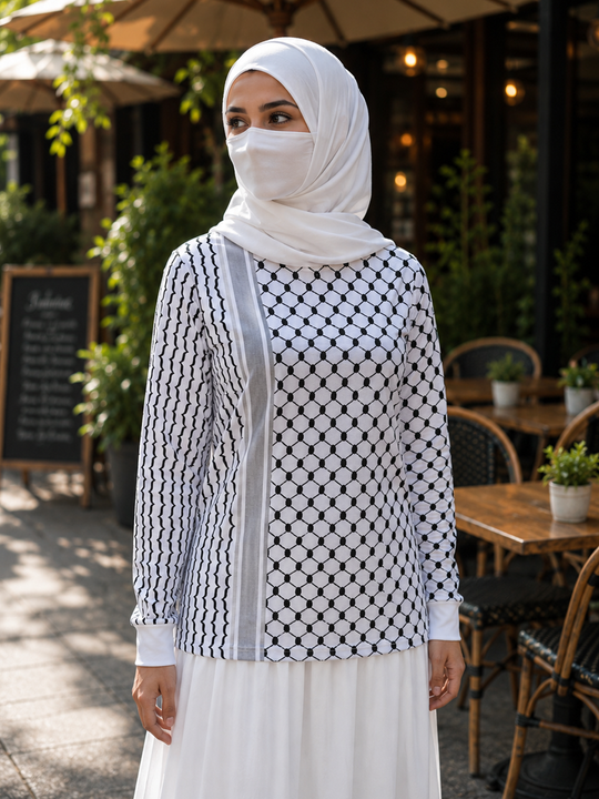 Women Black & White Palestine Keffiyeh Long Sleeve T-Shirt