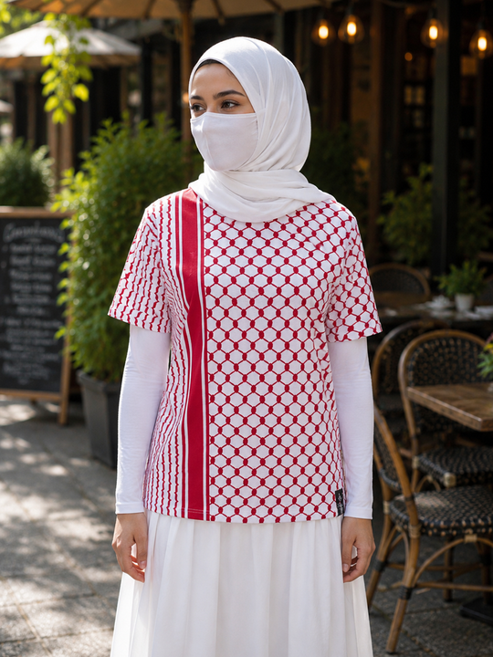 Women Palestine Keffiyeh White & Red T-Shirt