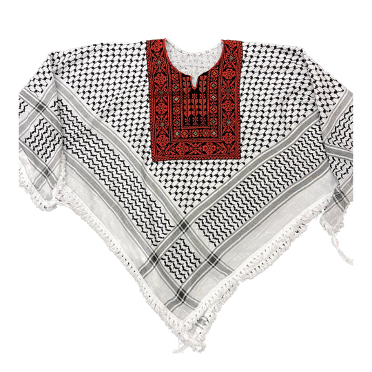 Hand Stitched Black & White Poncho with Keffiyeh design and Embroidery