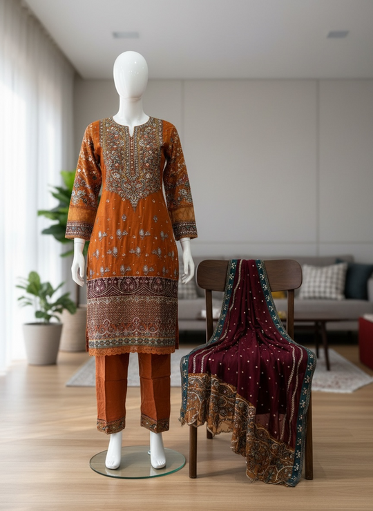 Saffron Maroon Chiffon Shalwar Kameez Set (Large)