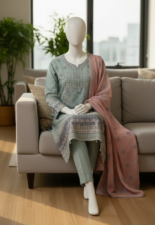 Mint Blush Embroidered Jacquard Lawn Shalwar Kameez Set (Large)