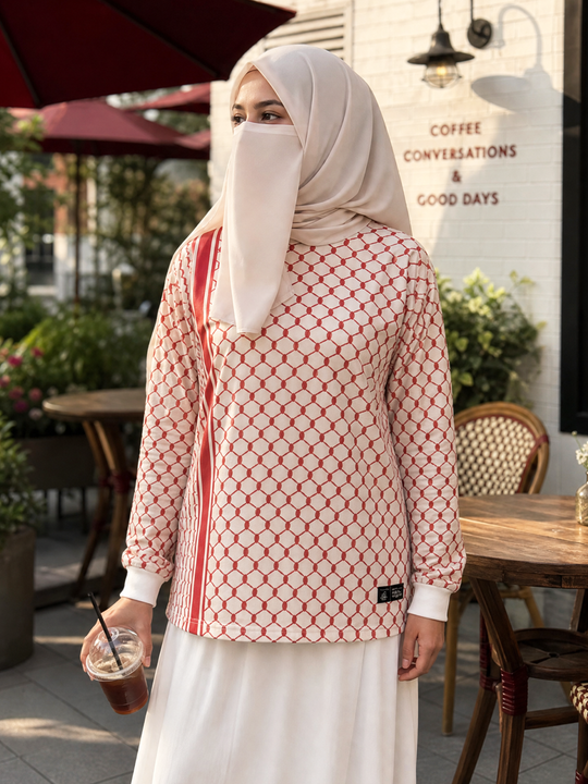 Women Palestine Keffiyeh White & Red Full-Sleeve T-Shirt
