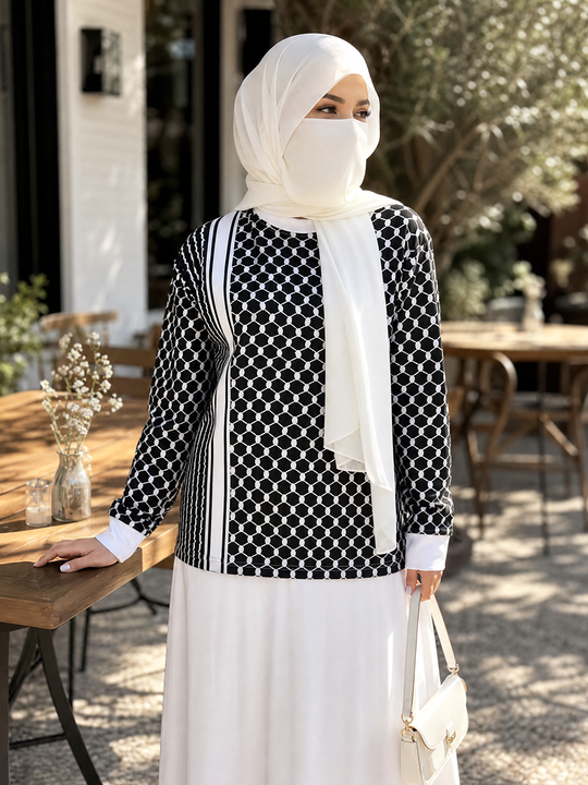 Women Palestine Keffiyeh Black & White Full Sleeves T-Shirt