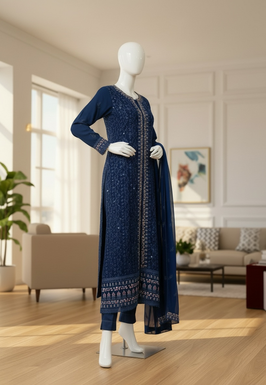 Royal Sapphire Chiffon Embroidered Shalwar Kameez Set (Large)