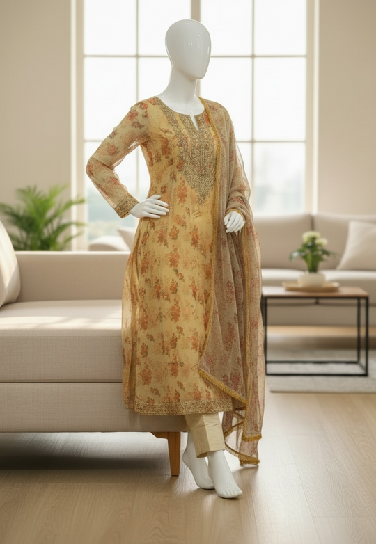 Golden Bloom Organza Shalwar Kameez Set (Large)