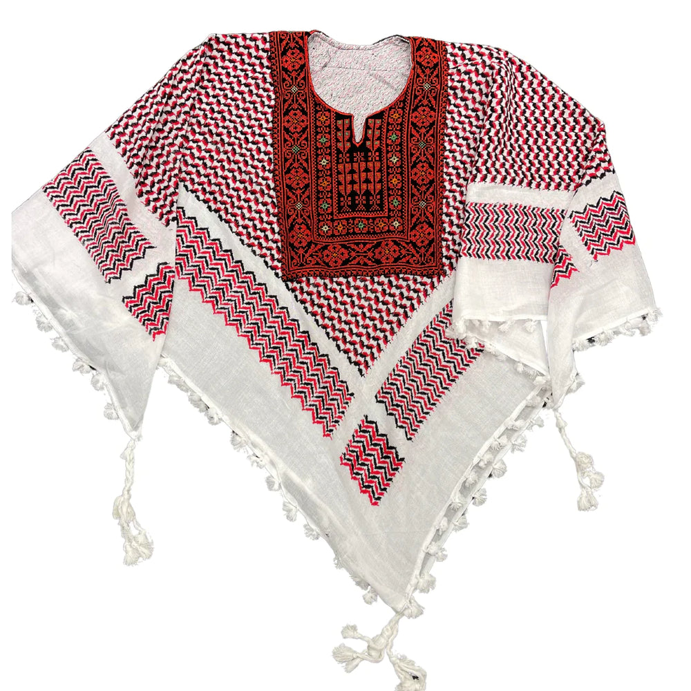 Hand Stitched Red & Black Poncho with Keffiyeh design and Embroidery