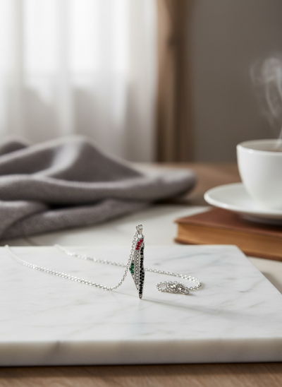 Palestine Map Necklace – Flag-Colored Crystals Set in Silver
