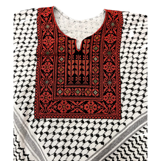 Hand Stitched Black & White Poncho with Keffiyeh design and Embroidery