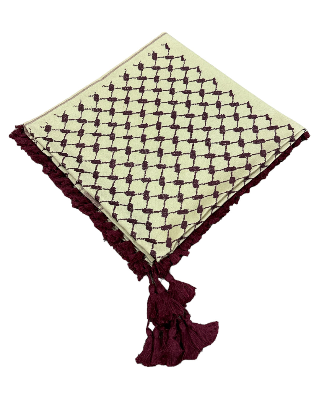 Palestine's Symbolic Shami Tan Brown & Maroon Pattern Design with Braids Zuhd Shemag 22