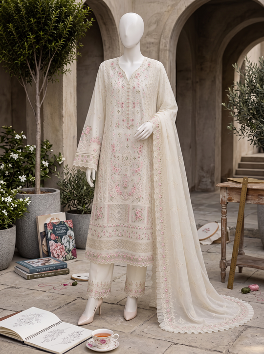 Noor-e-Gul Ivory & Blush Embroidered Chiffon Shalwar Kameez