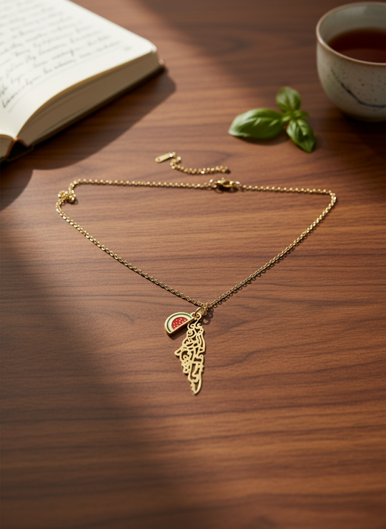 Heritage Map Necklace – Palestine Emblem (Gold Stainless Steel Edition)