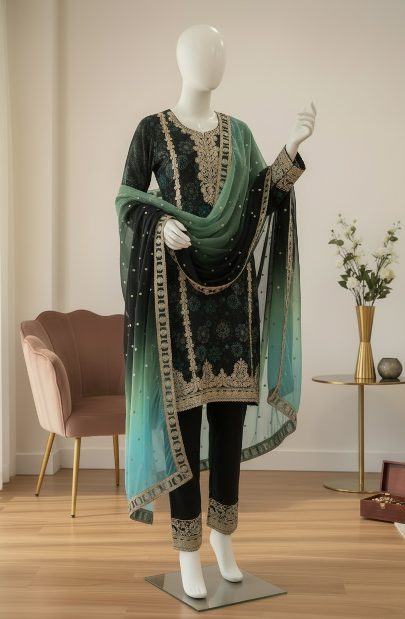Noir Aqua Chiffon Luxe Ensemble (Medium)