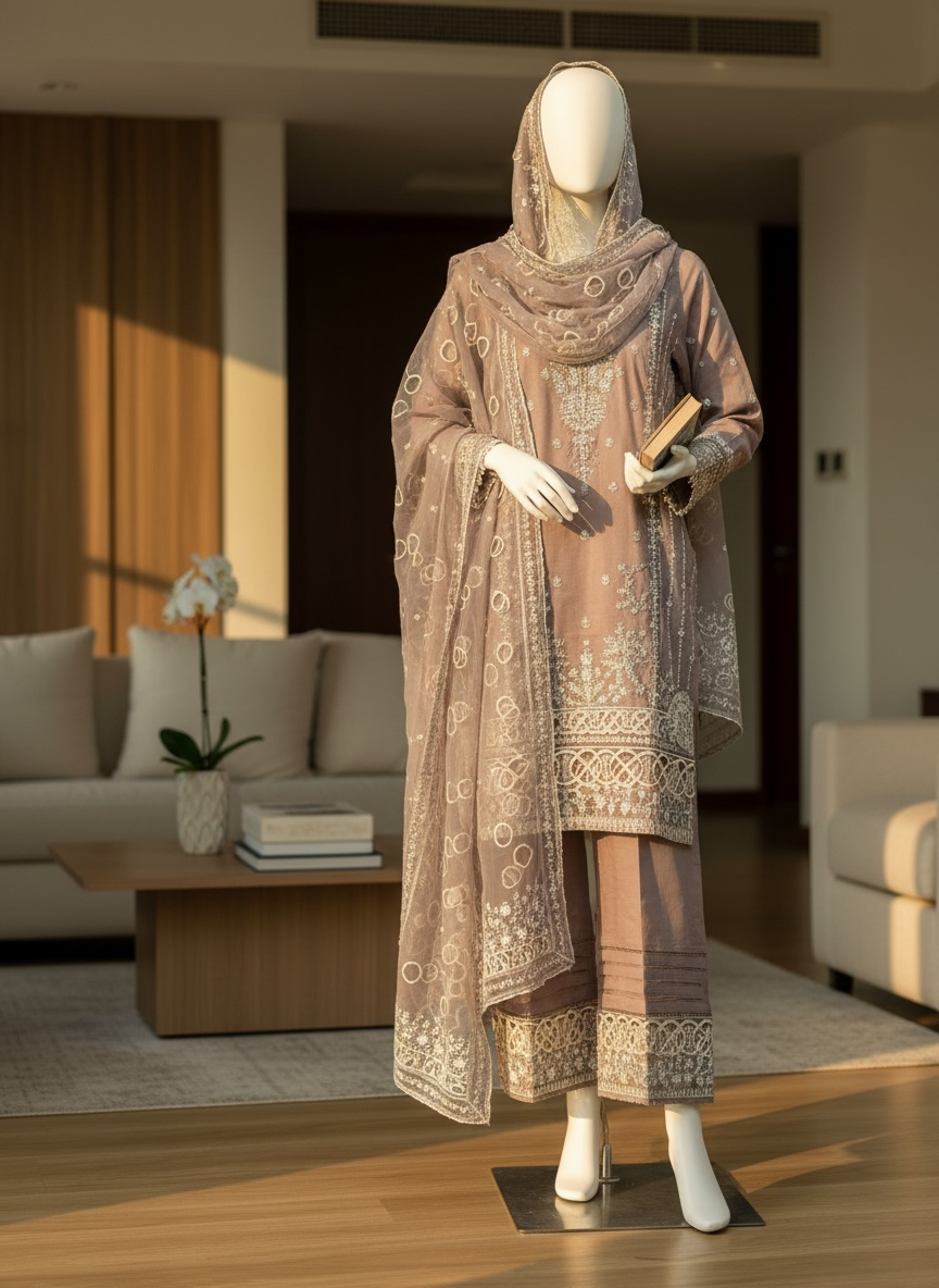 Dusty Mauve Organza Shalwar Kameez Set (Large)