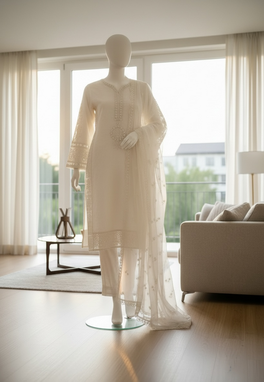 Ivory Noor Organza Shalwar Kameez Set (Large)