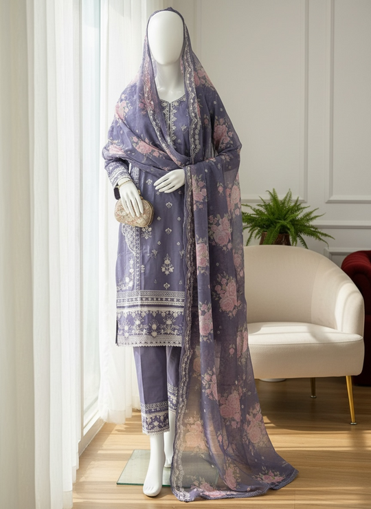Lavender Rose Jacquard Lawn Shalwar Kameez Set (Large)