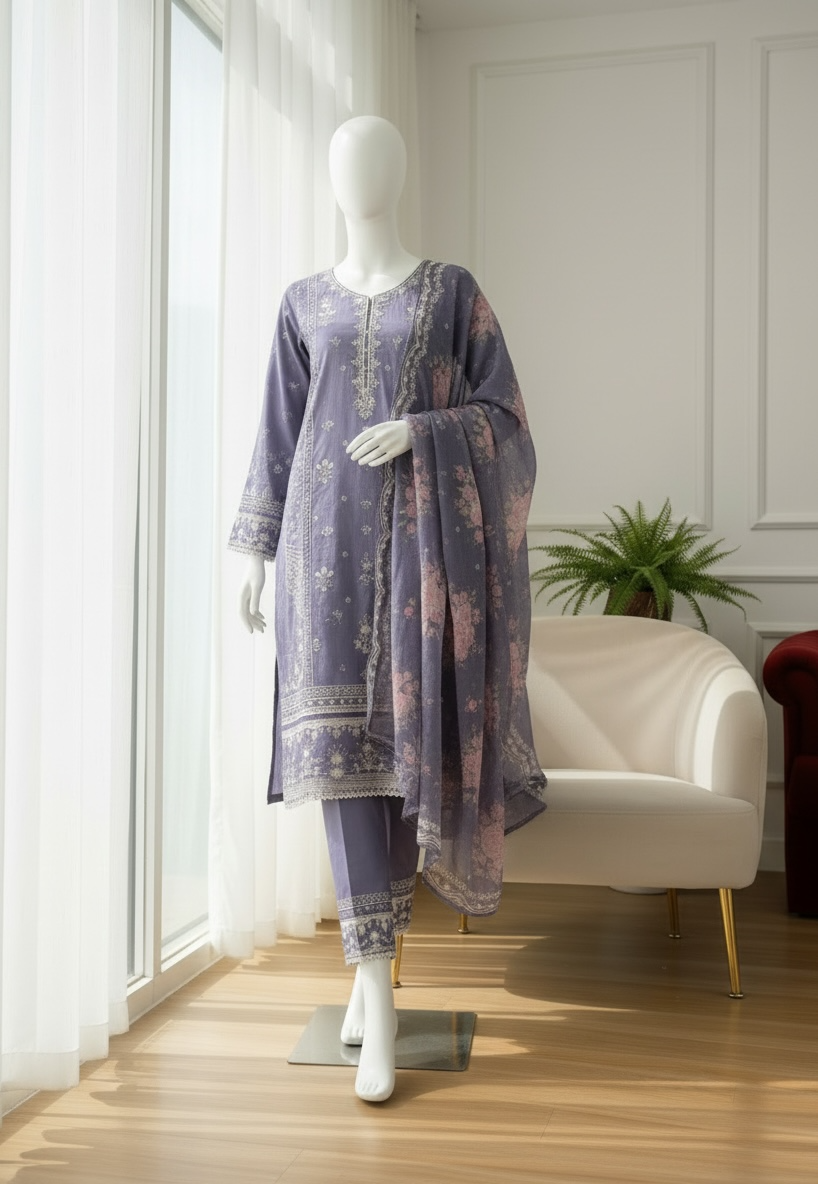 Lavender Rose Jacquard Lawn Shalwar Kameez Set (Large)