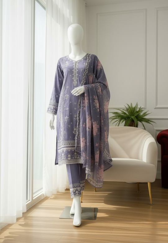 Lavender Rose Jacquard Lawn Shalwar Kameez Set (Large)