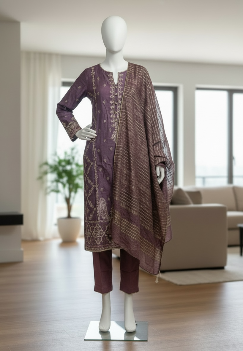 Mauve Royale Raw Chanderi Shalwar Kameez Set (Small)