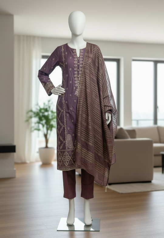 Mauve Royale Raw Chanderi Shalwar Kameez Set (Small)