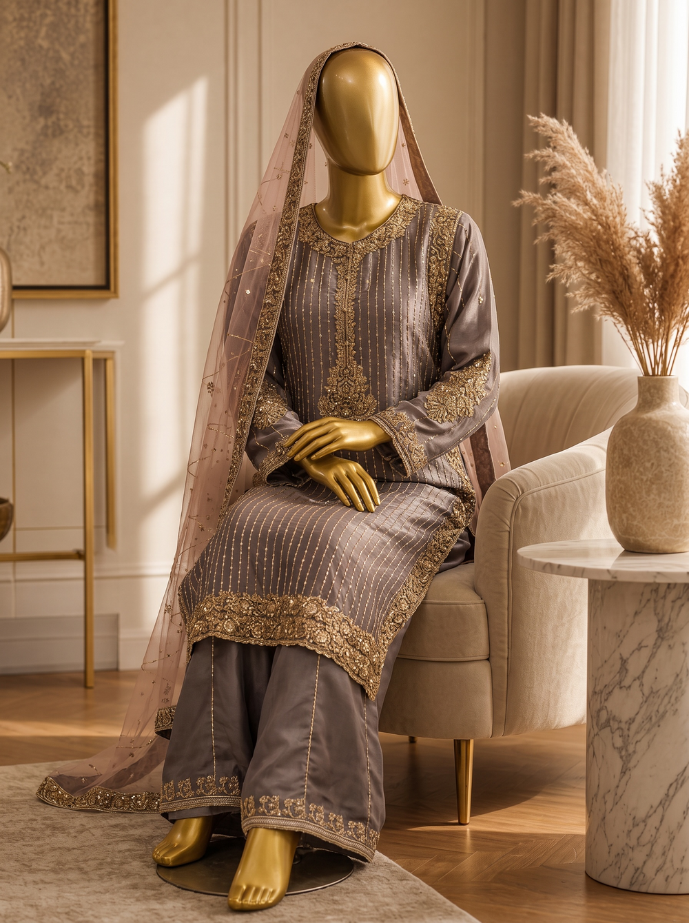 Steel Lavender Zariya Embroidered Shalwar Kameez
