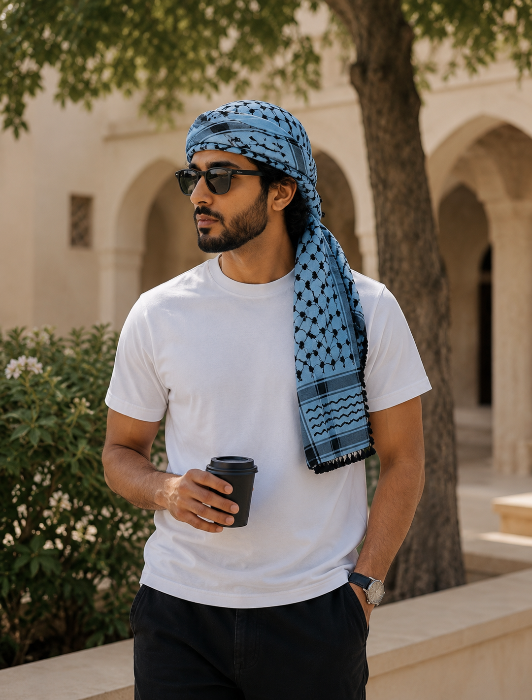 Zuhd Keffiyeh – Sky Blue & Black Pattern