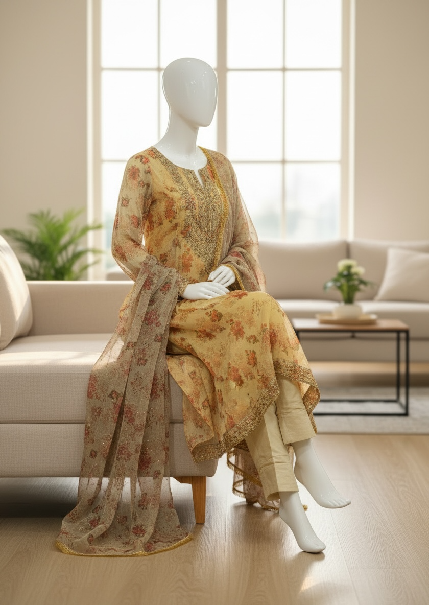 Golden Bloom Organza Shalwar Kameez Set (Large)