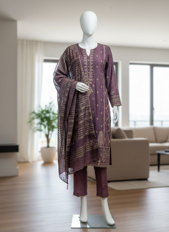 Mauve Royale Raw Chanderi Shalwar Kameez Set (Small)