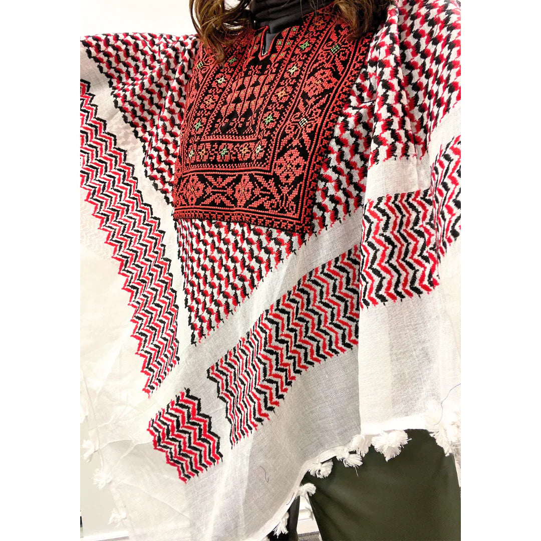Hand Stitched Red & Black Poncho with Kuffiyah design and Embroidery
