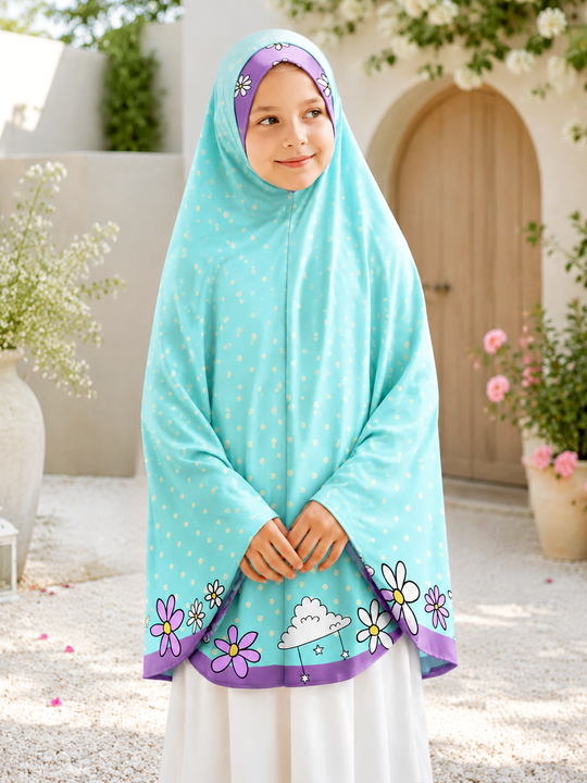 Prayer Hijab with Blue & Purple Daisy Doodles