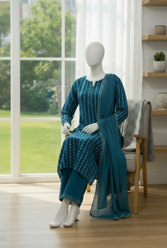 Teal Grace Premium Lawn Shalwar Kameez Set (Medium)