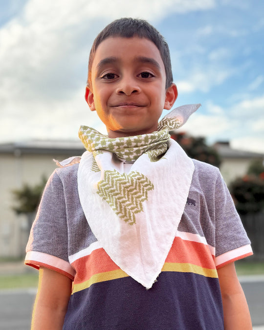 Elegance in Every Fold: Olive Green & White Bandana (HAND MADE)