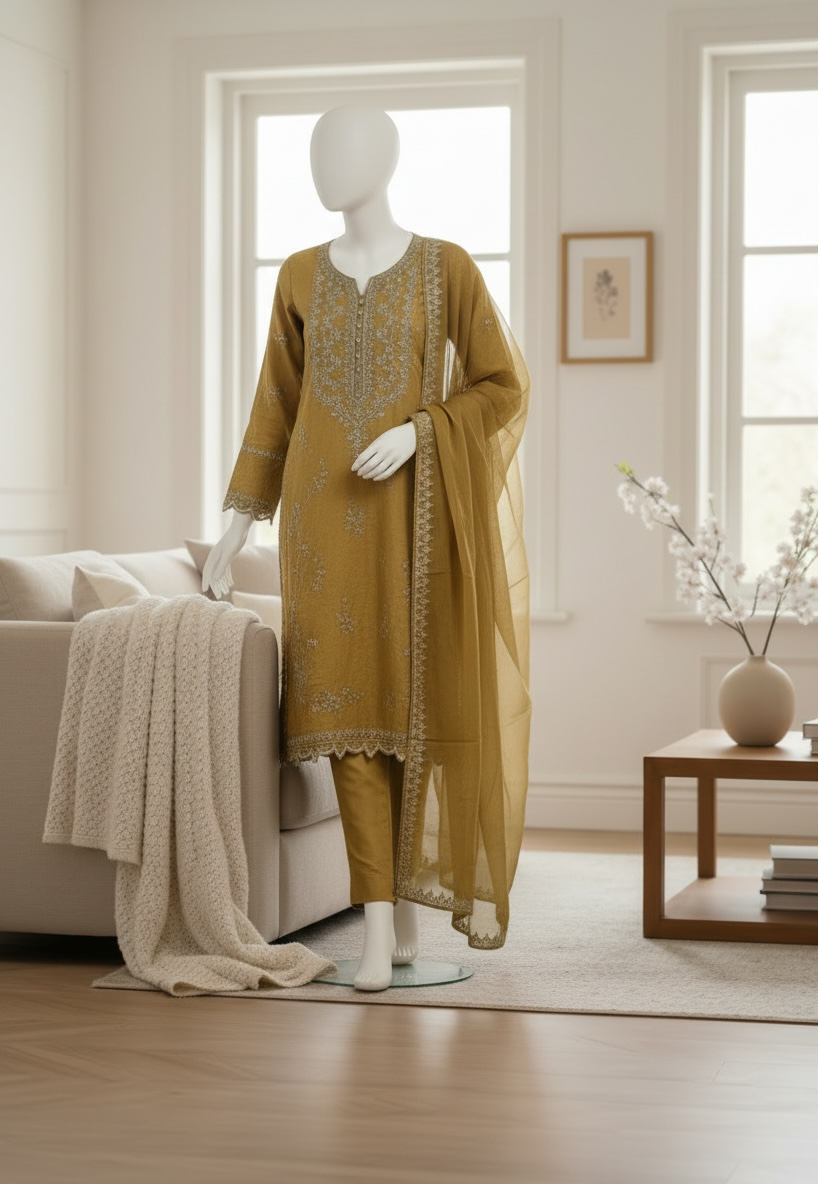 Golden Olive Organza Shalwar Kameez Set (Small)