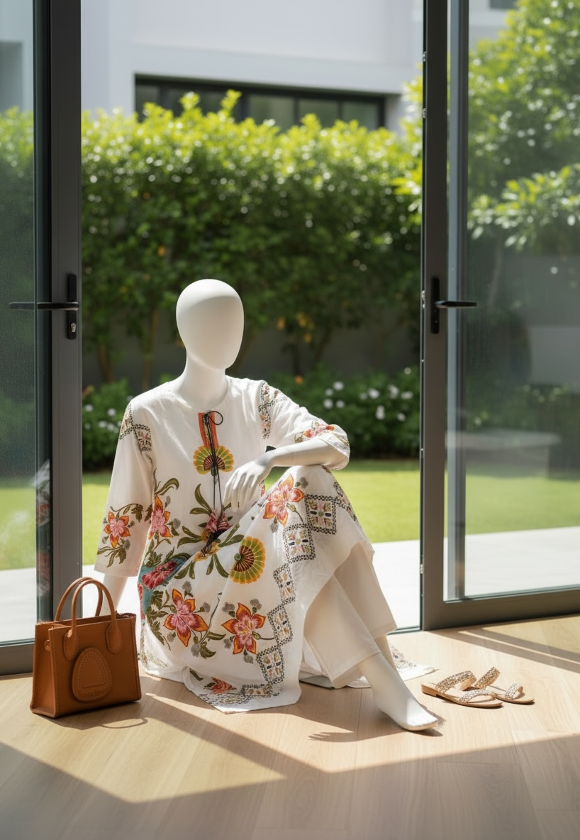 Ivory Bloom Nylon Kaftan Set (Small)