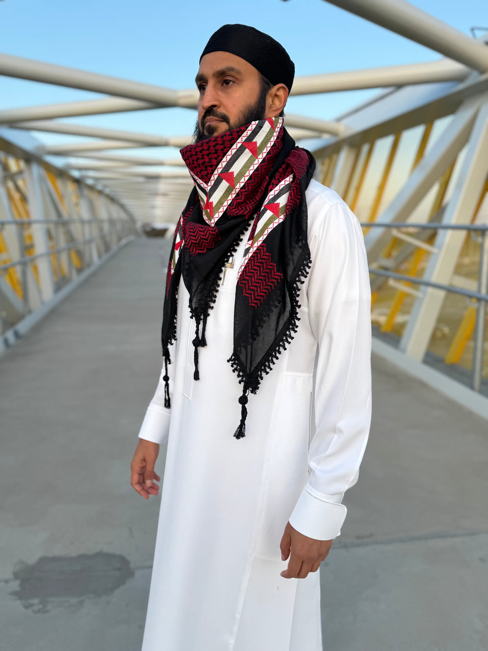 Palestine Flag Embroidered Heritage Kuffiyeh (Red & Black)