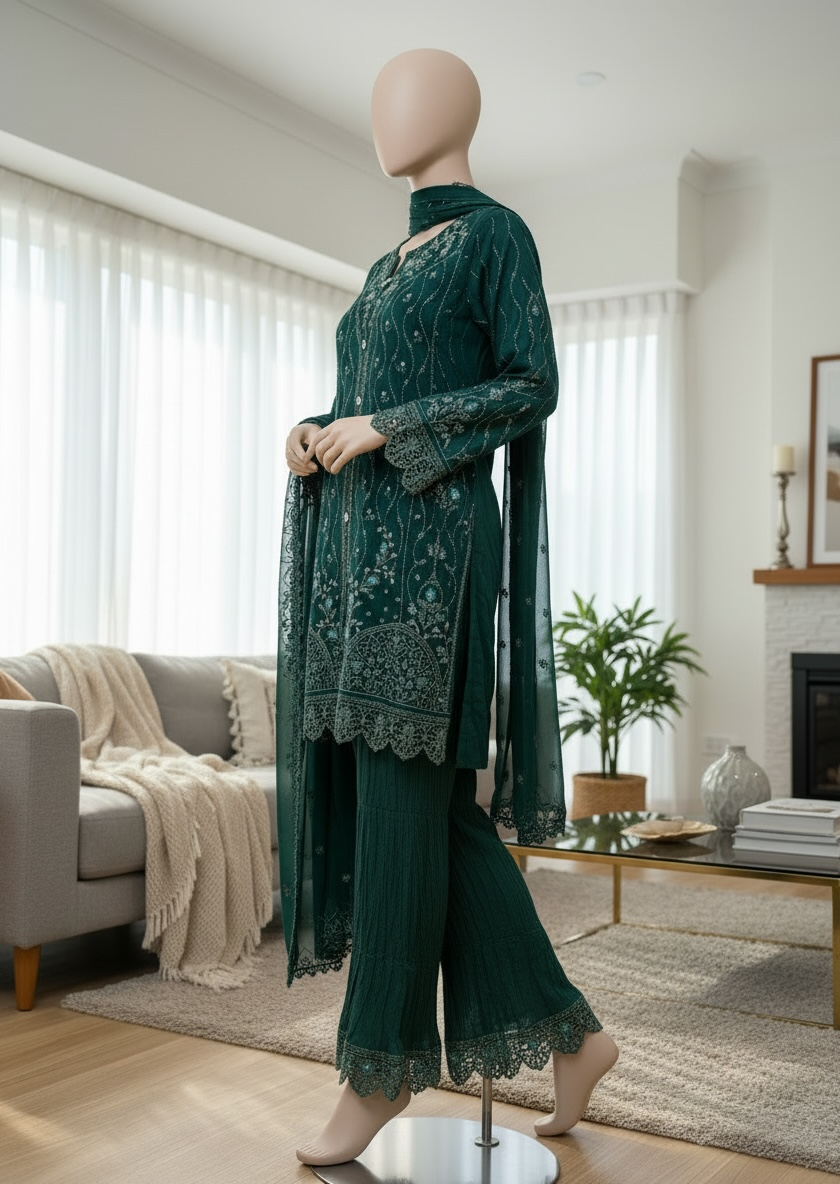 Emerald Noir Chiffon Shalwar Kameez Set (Large)