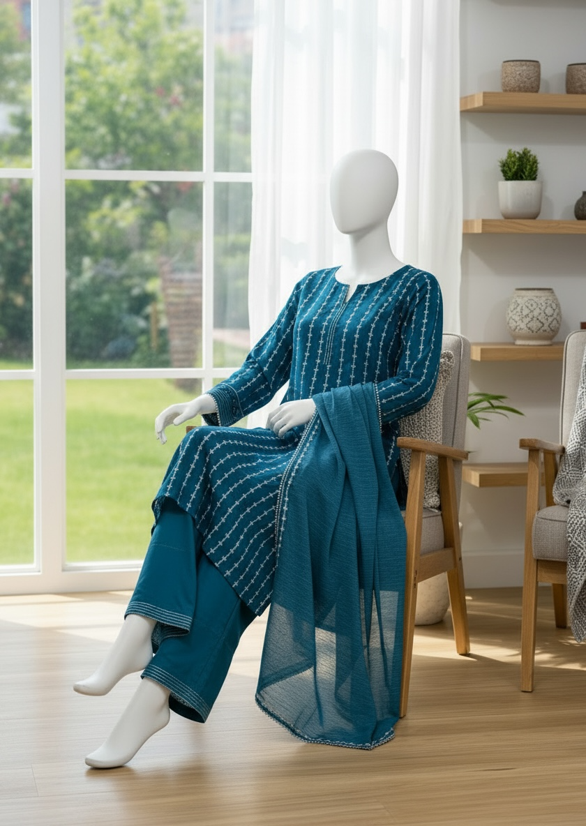 Teal Grace Premium Lawn Shalwar Kameez Set (Medium)