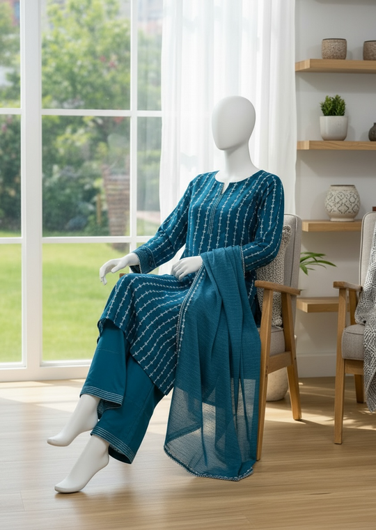 Teal Grace Premium Lawn Shalwar Kameez Set (Medium)