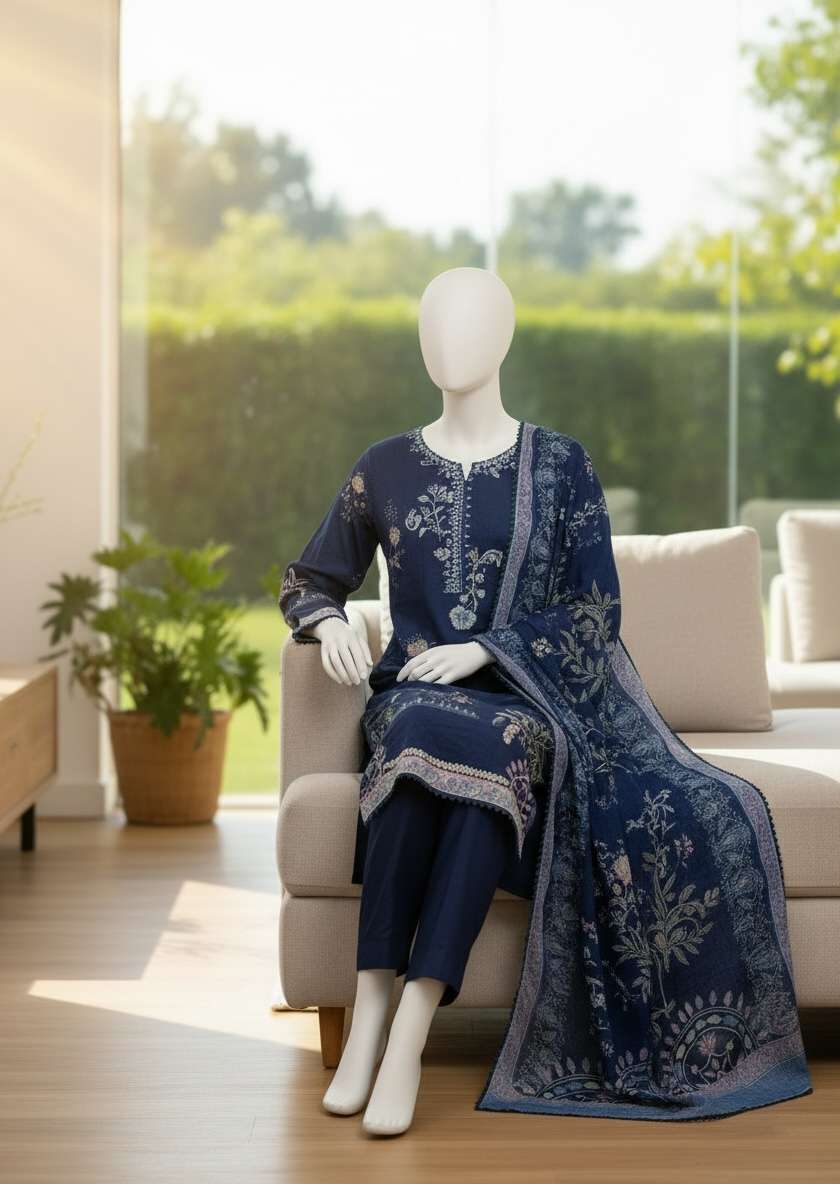 Midnight Bloom Lawn Shalwar Kameez Set (Extra Small)