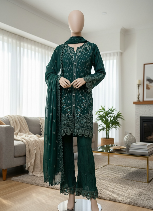 Emerald Noir Chiffon Shalwar Kameez Set (Large)