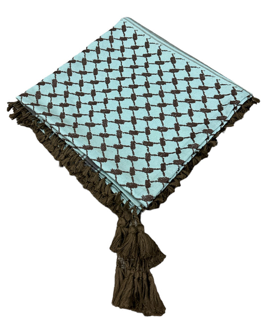 Palestine's Symbolic Shami Light Blue & Chocolate Brown Pattern Design with Braids Zuhd Shemag 23
