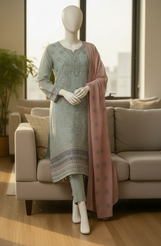 Mint Blush Embroidered Jacquard Lawn Shalwar Kameez Set (Large)