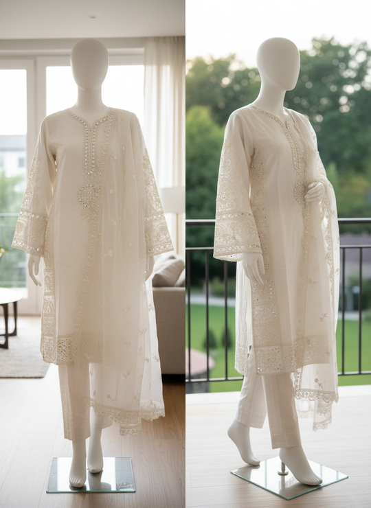 Ivory Noor Organza Shalwar Kameez Set (Large)