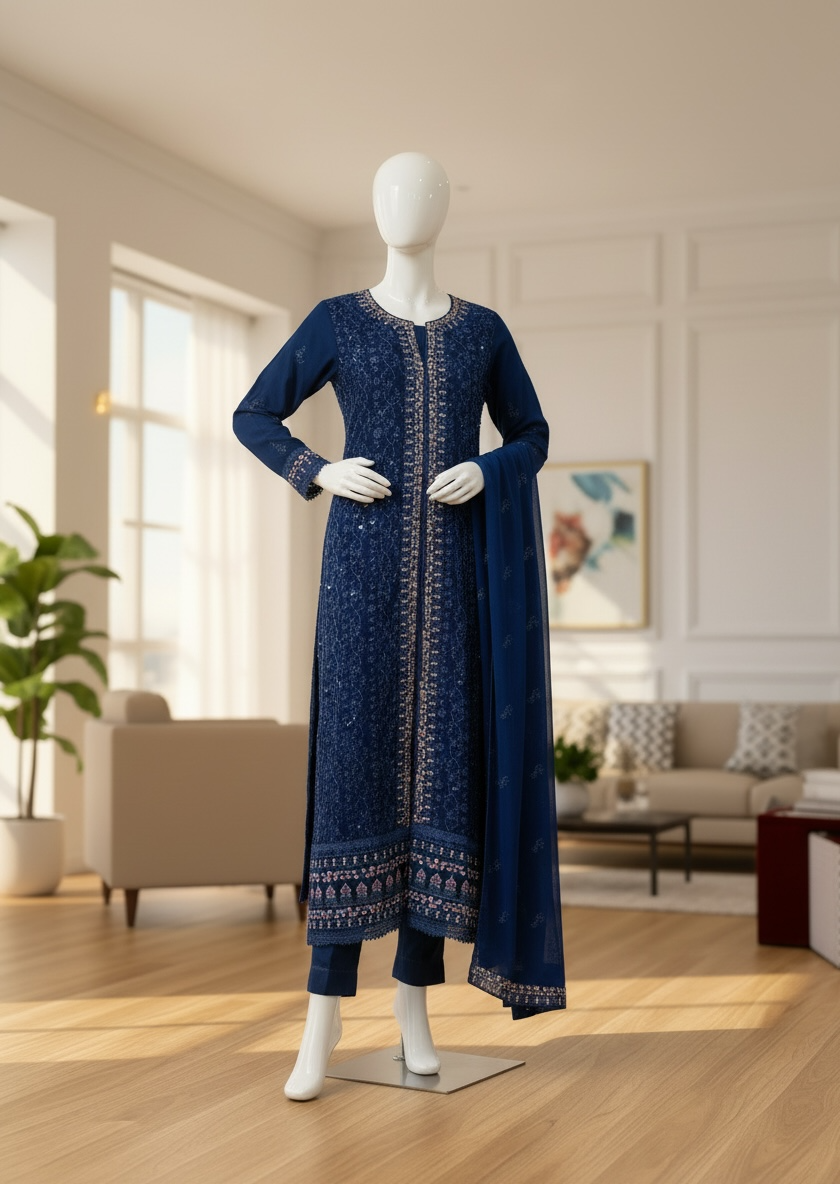 Royal Sapphire Chiffon Embroidered Shalwar Kameez Set (Large)