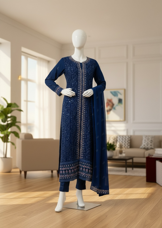 Royal Sapphire Chiffon Embroidered Shalwar Kameez Set (Large)