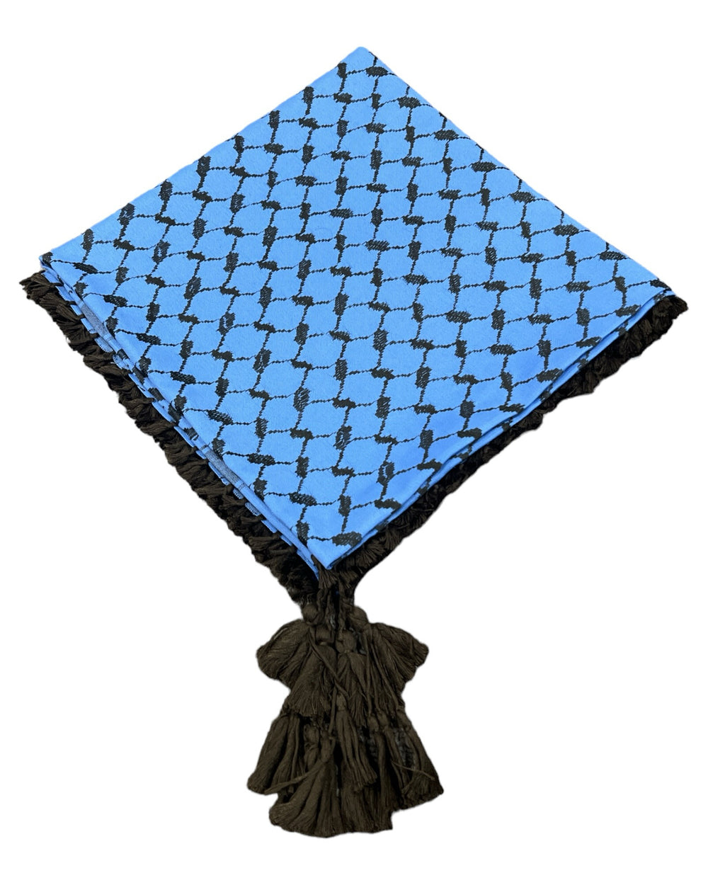 Palestine's Symbolic Shami Cerulean Blue and Dark Brown  Pattern Design with Braids Zuhd Shemag 12